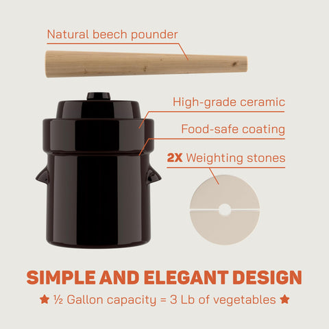 Kenley stoneware jar with kit components for sauerkraut and kimchi.