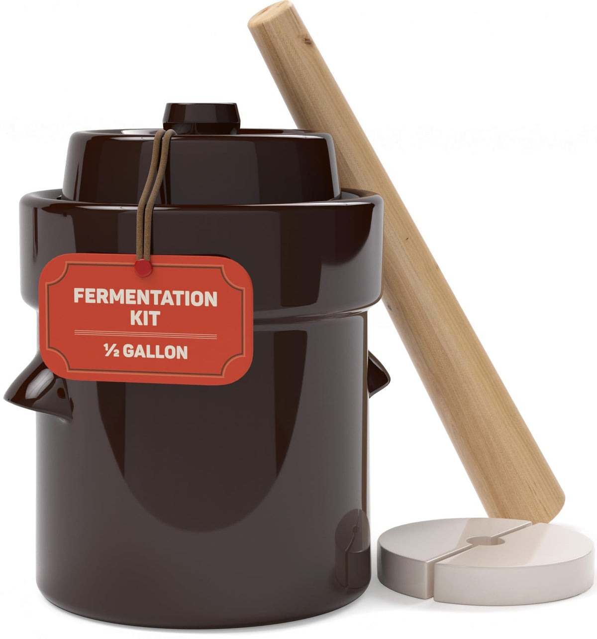 Kenley fermentation crock with lid on a counter, ideal for easy at-home sauerkraut and kimchi.