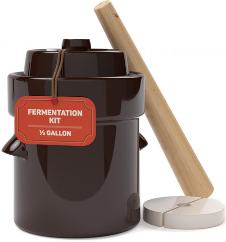 Kenley fermentation crock with lid on a counter, ideal for easy at-home sauerkraut and kimchi.