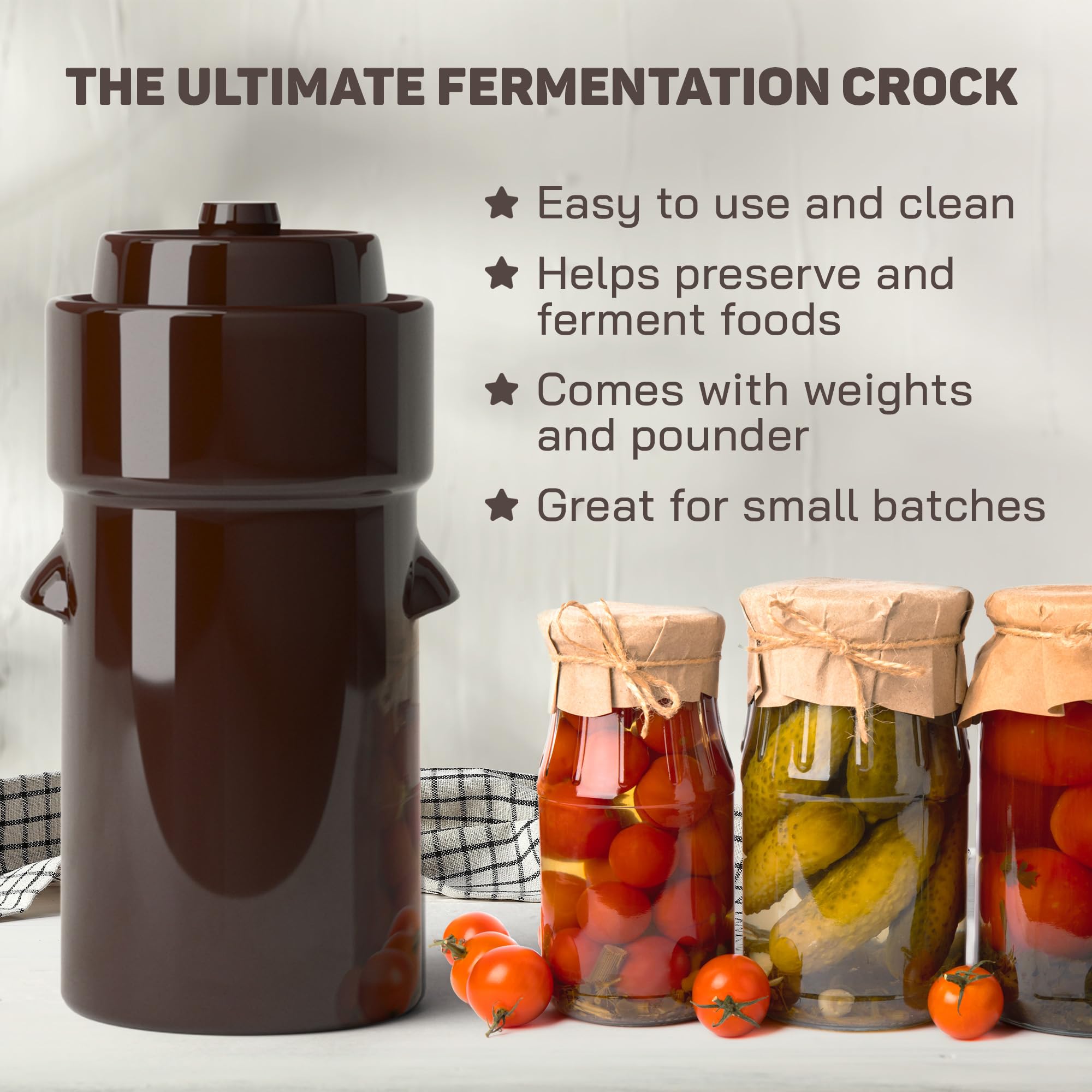 Kenley stoneware exterior highlights craft and keeps fermentation vessels stylish on display.