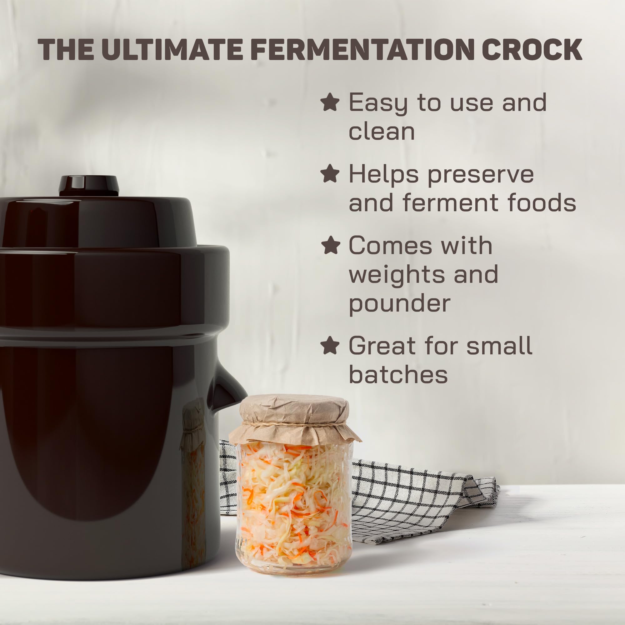 Kenley fermentation crock weights keep vegetables submerged for consistent small-batch fermentation.