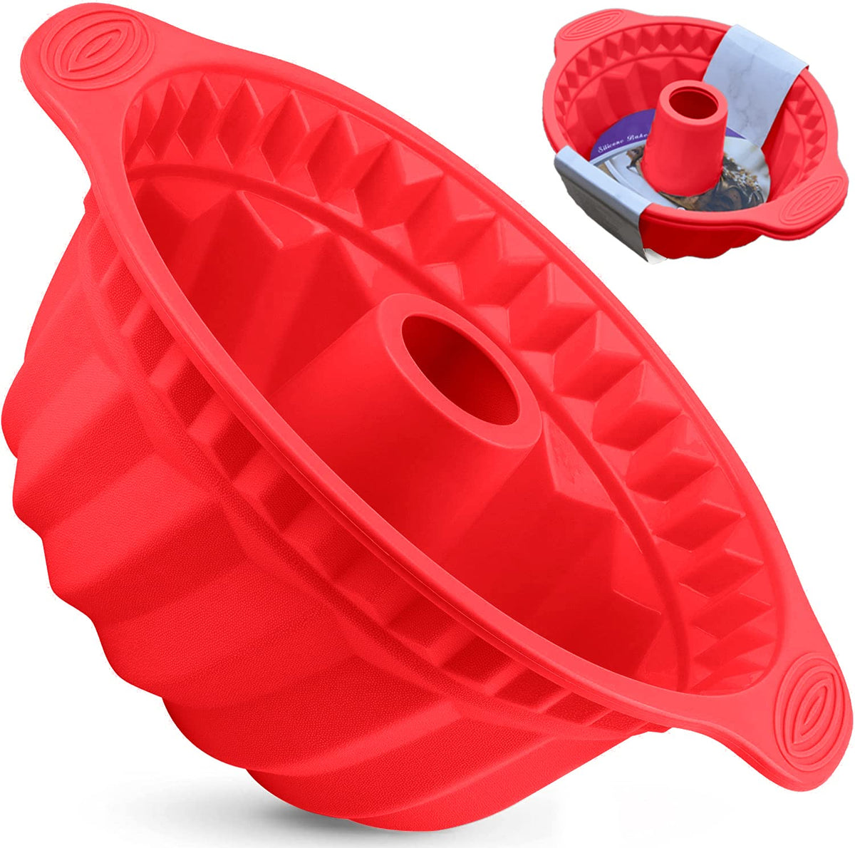Kenond two-pack 9.5-inch silicone cake pans with fluted edges and easy-release handles.