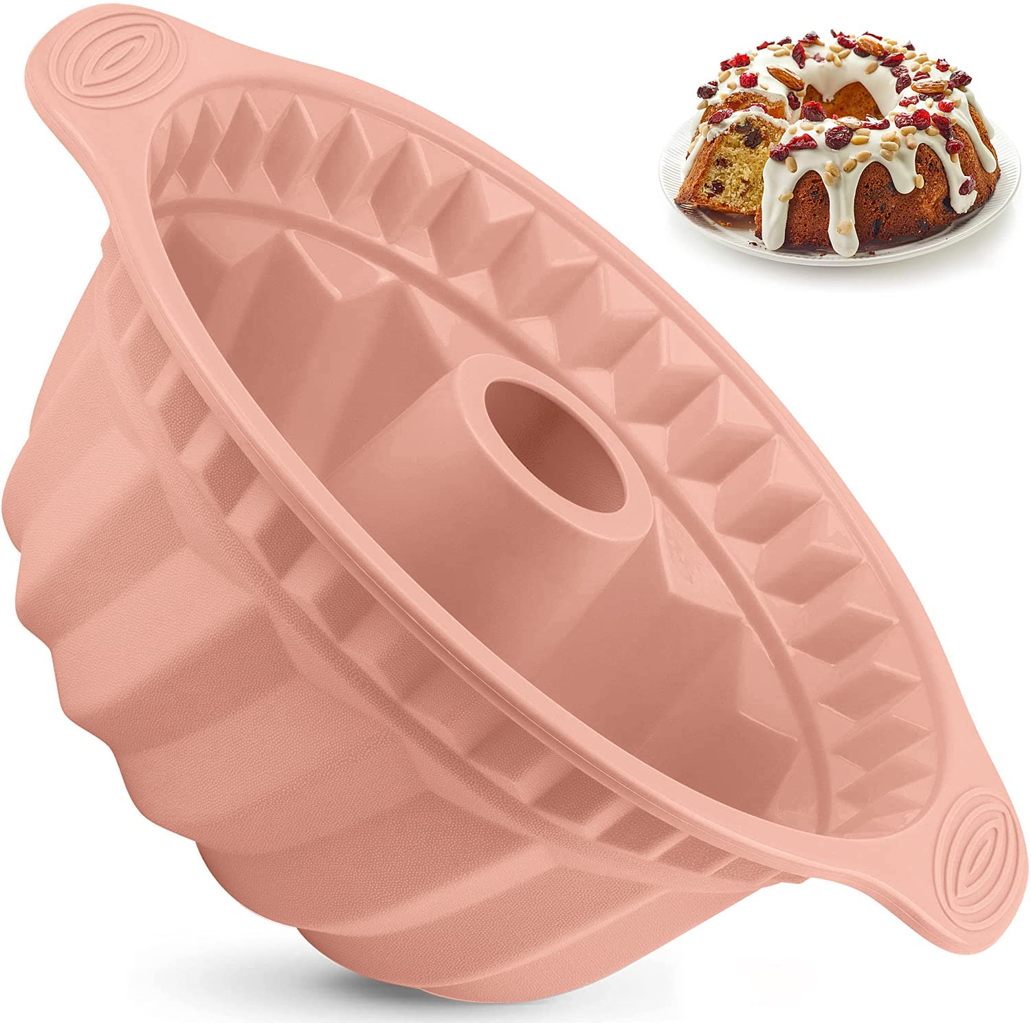 Kenond 9.5 inch silicone cake pan in pink with non-stick surface for easy release.