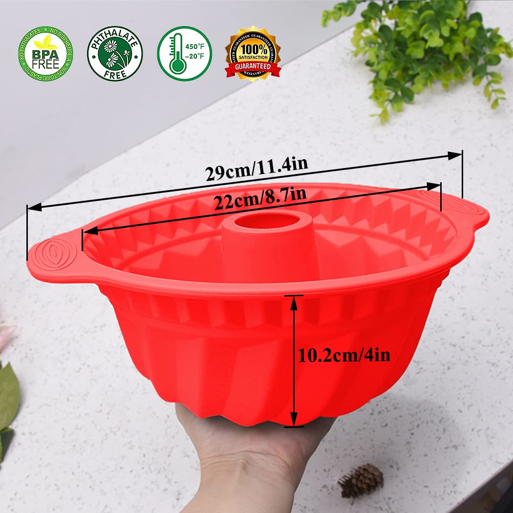 Kenond red silicone cake pan close-up showing flexible, tear-resistant material.