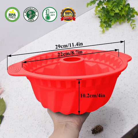 Kenond red silicone cake pan close-up showing flexible, tear-resistant material.