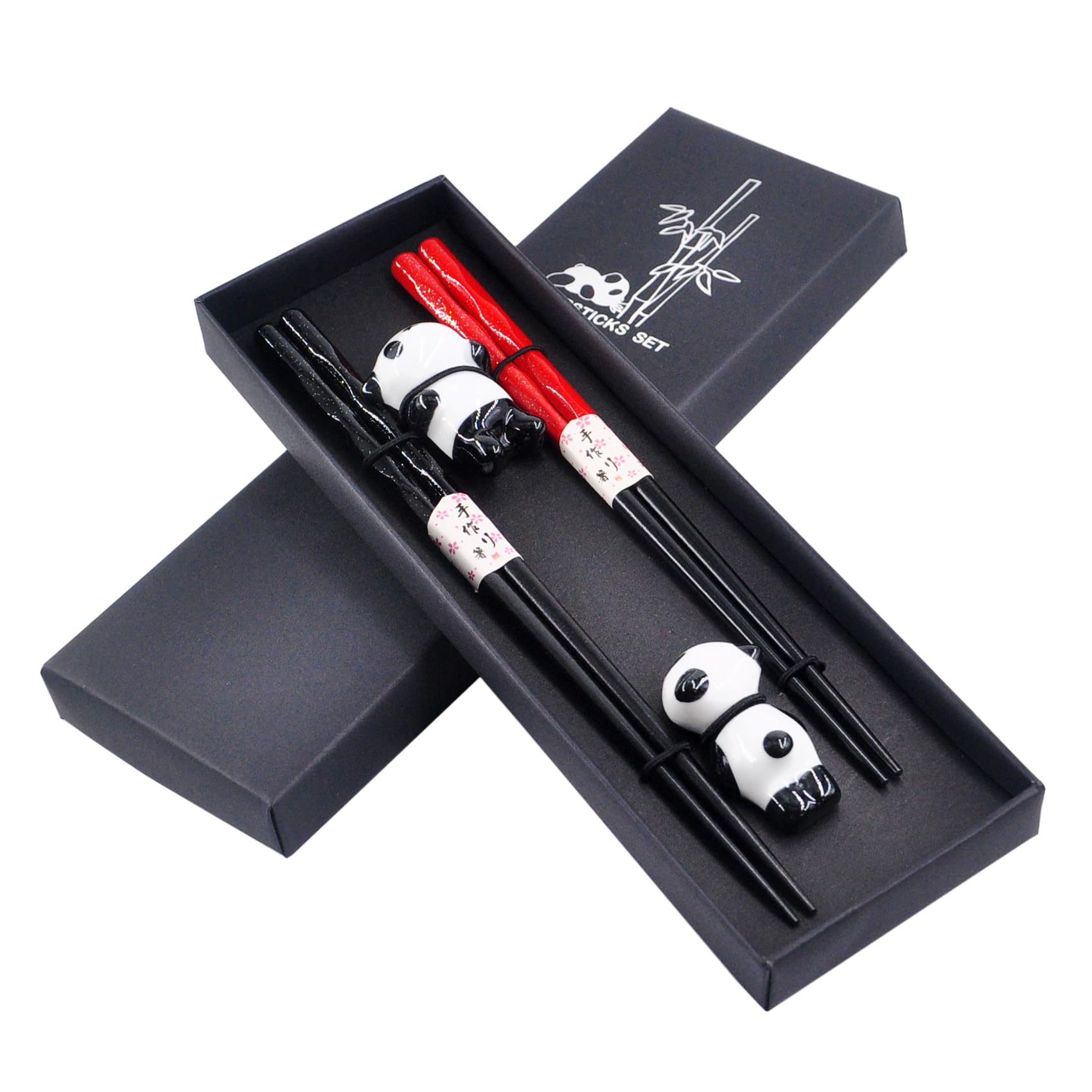 Kenpal panda chopsticks set with black and red finish, ideal for romantic dinners.