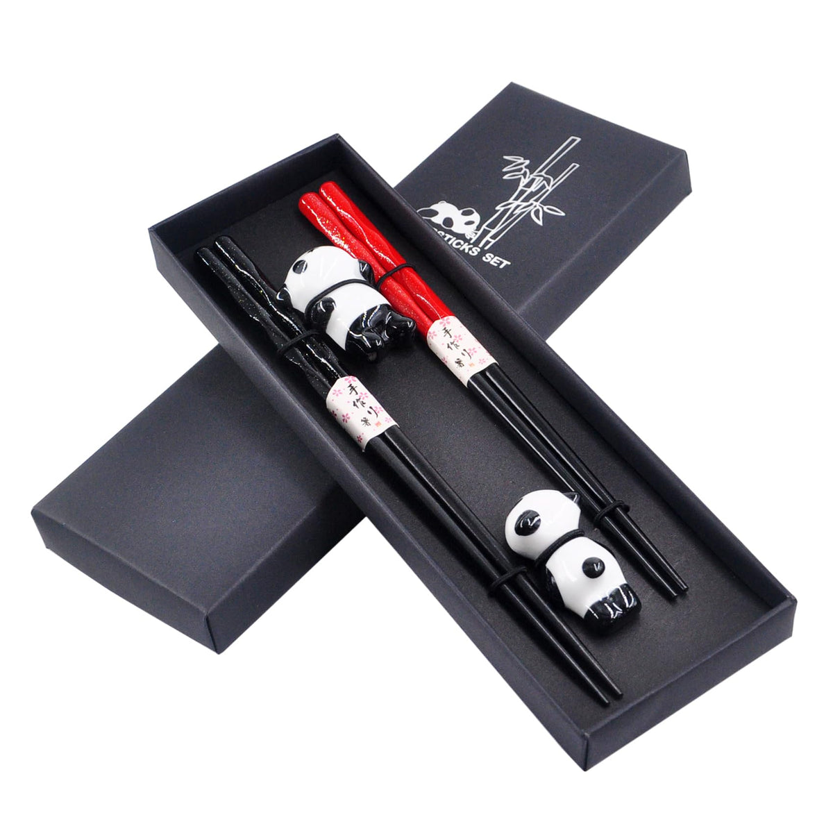 Kenpal panda chopsticks set with black and red finish, ideal for romantic dinners.