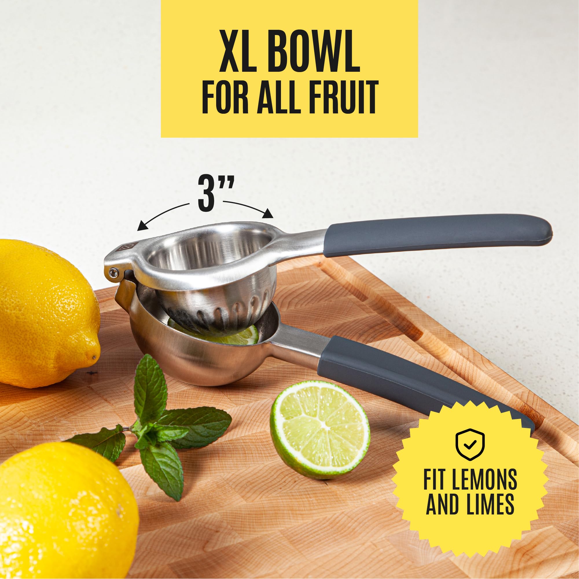Kensington London squeezer features ergonomic handles with silicone grips for secure squeezing.