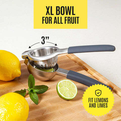 Kensington London squeezer features ergonomic handles with silicone grips for secure squeezing.