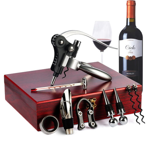 KENSOSO 9-piece corkscrew set in a wooden box for elegant gifting and easy wine opening.