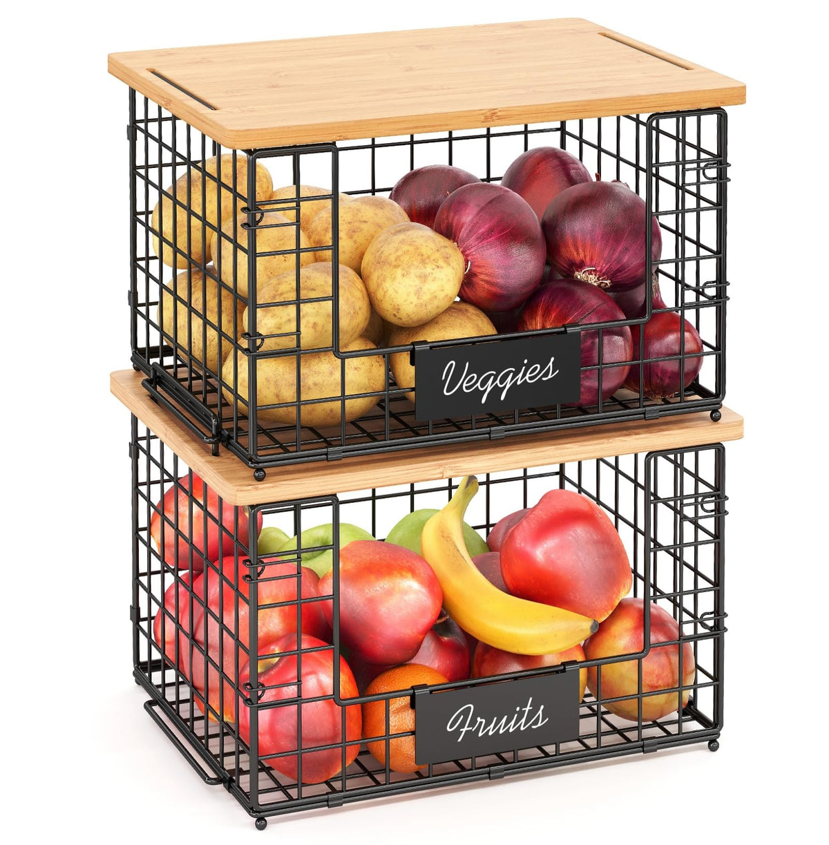 Keomaisyto 2-pack stackable baskets with bamboo top for pantry organization.