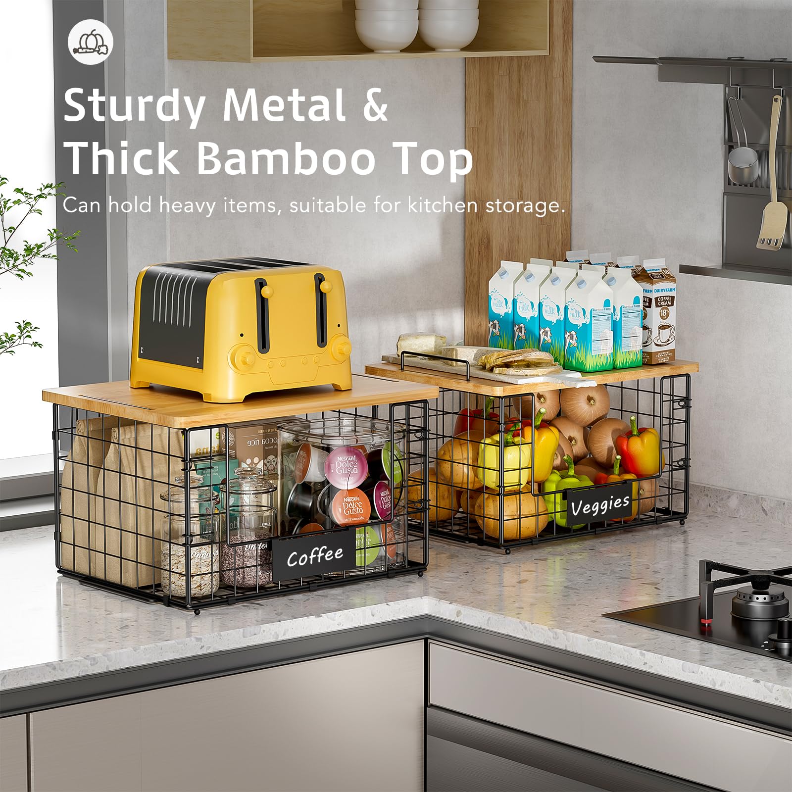 Keomaisyto bamboo-top basket stacked on counter for produce and bread.