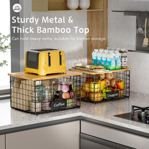 Keomaisyto bamboo-top basket stacked on counter for produce and bread.