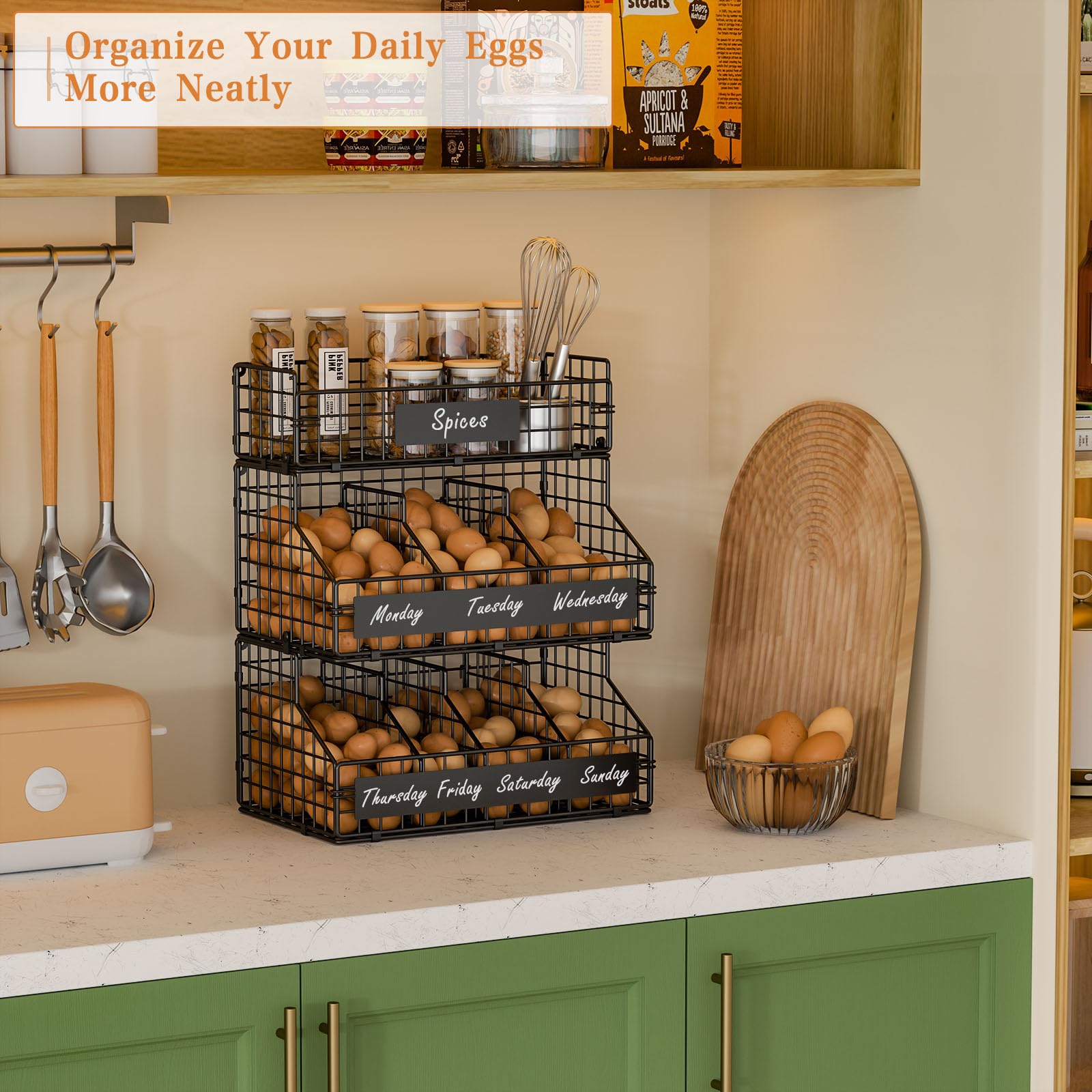Keomaisyto stackable three-tier baskets maximize kitchen space.
