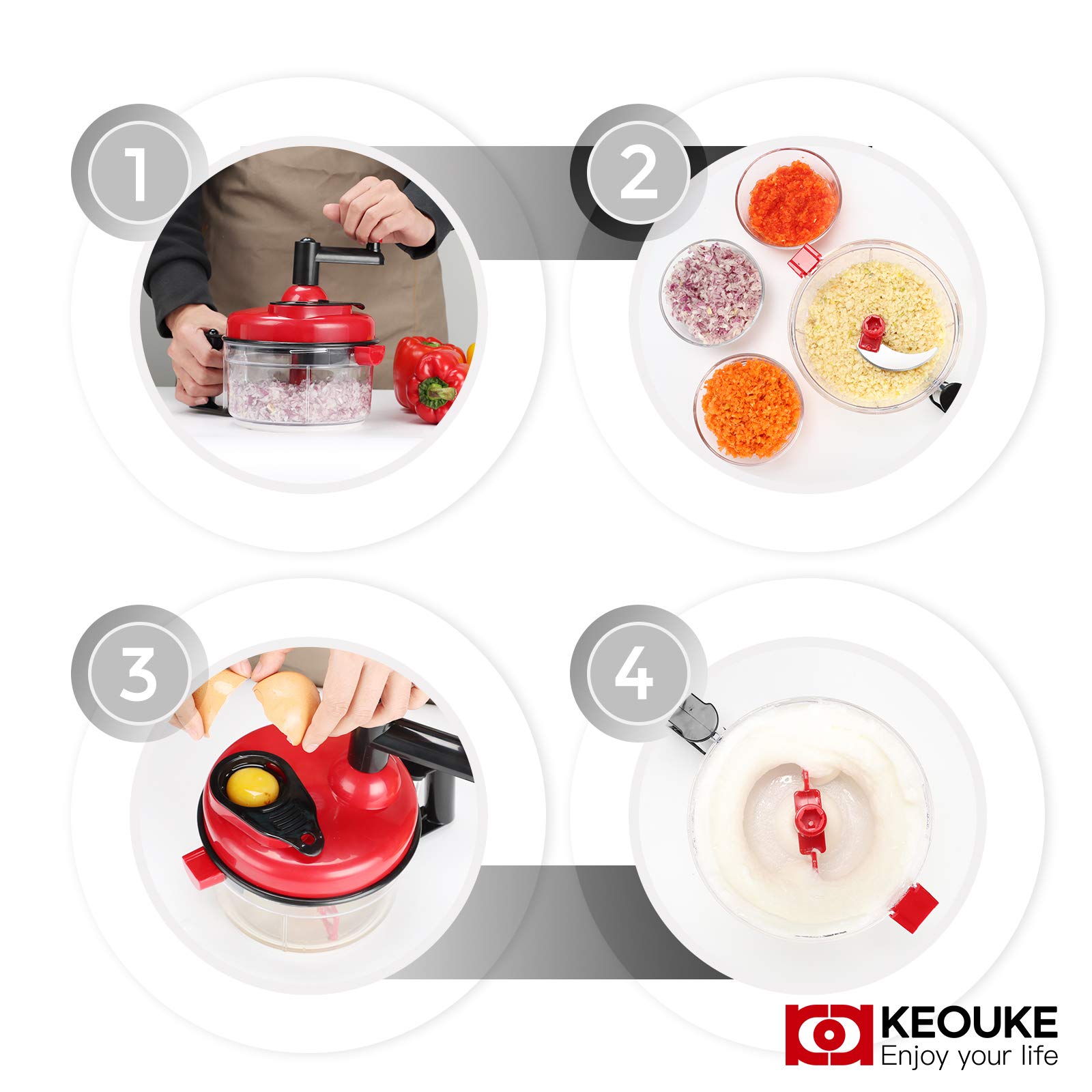 KEOUKE hand crank chopper for tear-free onion cutting.