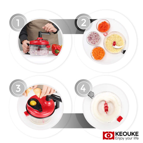 KEOUKE hand crank chopper for tear-free onion cutting.