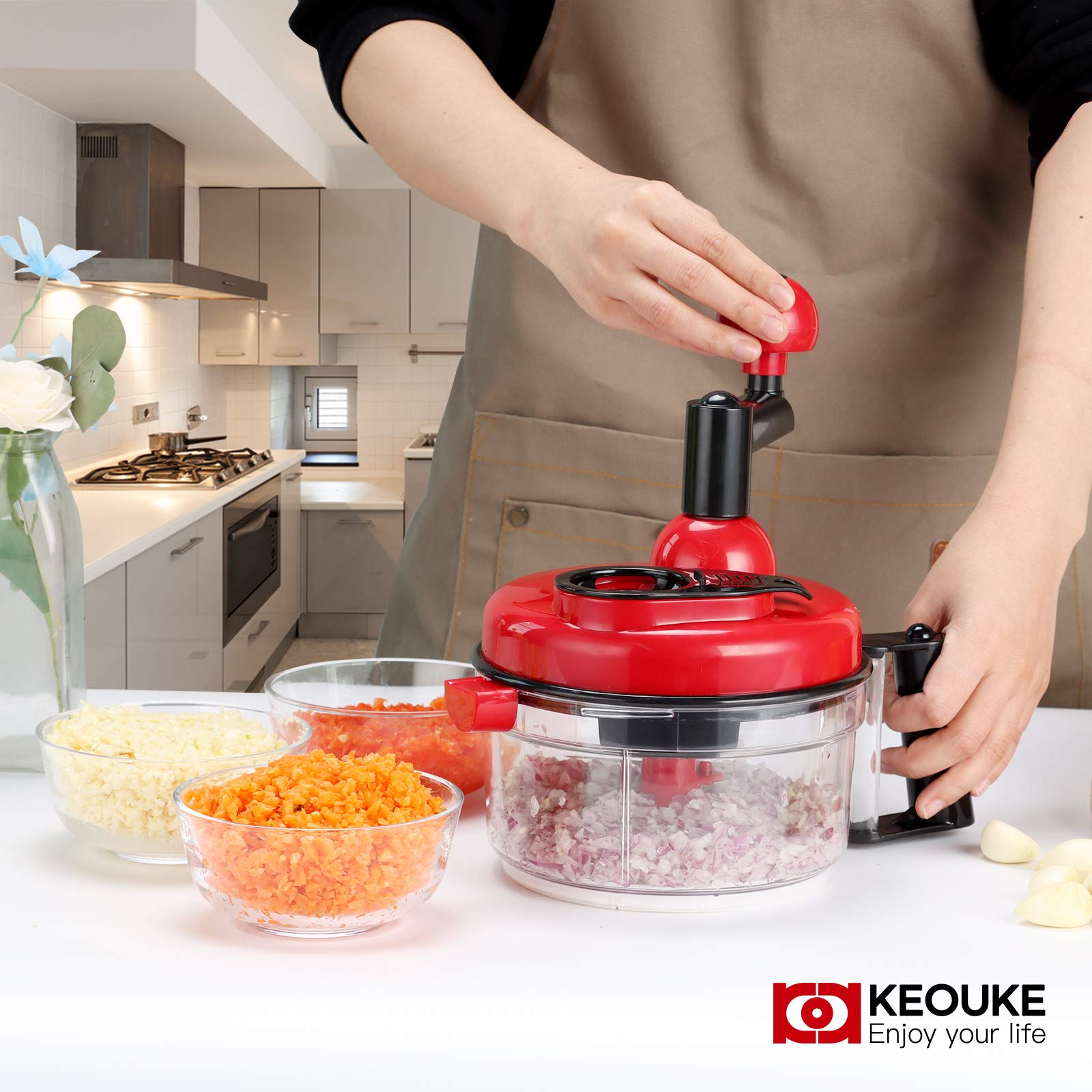 KEOUKE hand crank chopper for salsa and pesto prep.