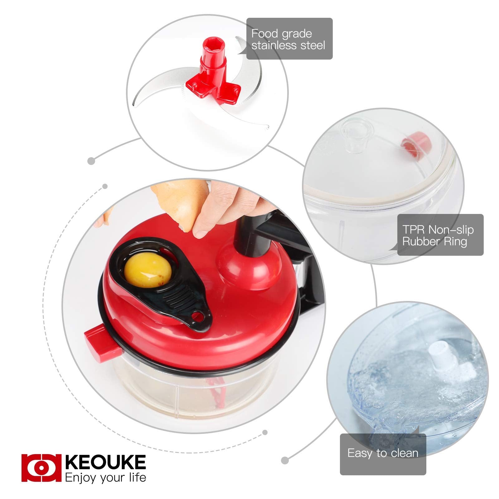 KEOUKE hand crank chopper with stainless steel blade for durability.