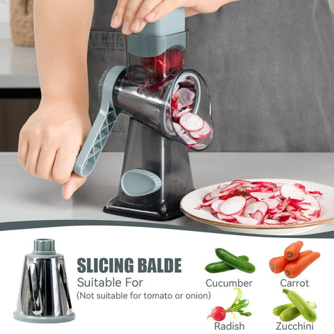 KEOUKE rotary cheese grater blades offer three sharp options for slicing and grating.