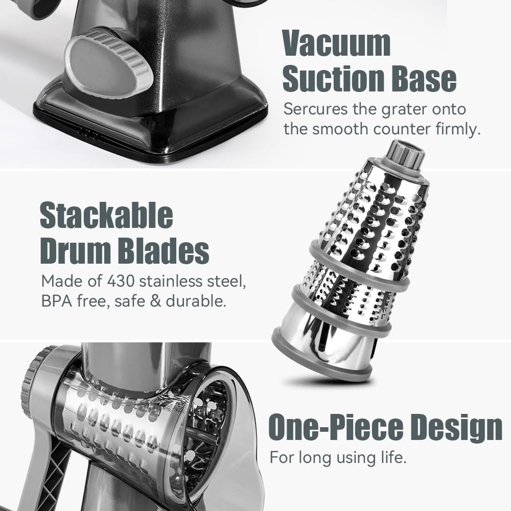 Keouke rotary cheese grater disassembled for easy cleaning after meal prep.