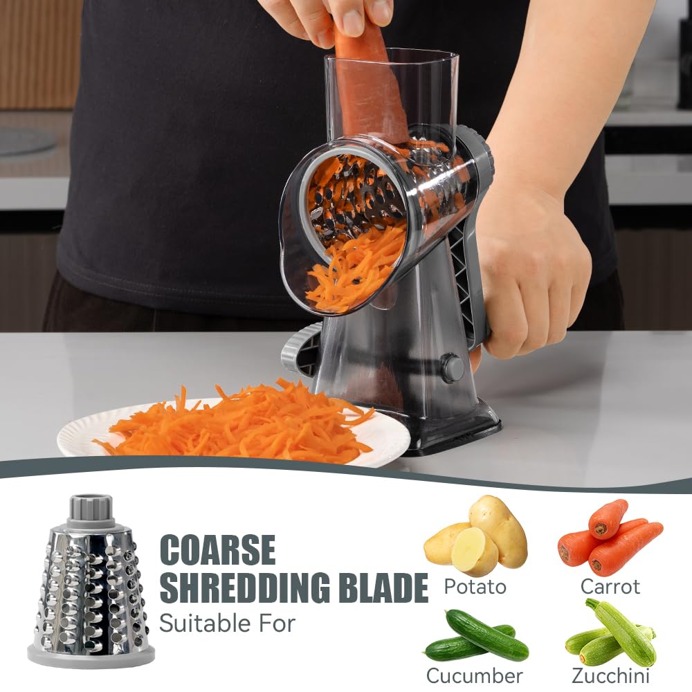 Keouke rotary cheese grater side view highlighting compact design with strong suction.