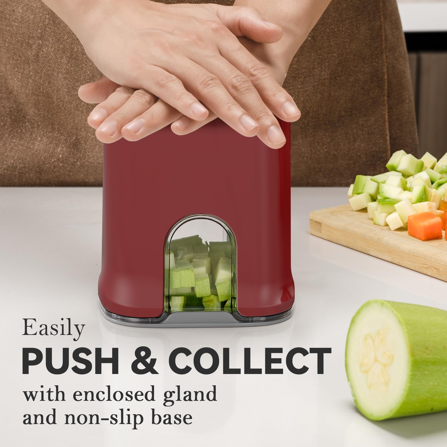 Keouke safe pressing system helps protect fingers during chopping.