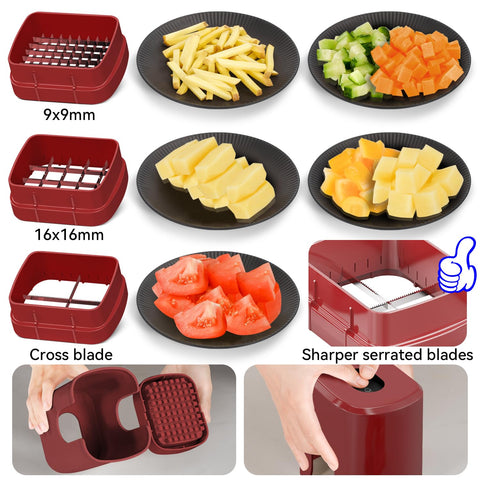 Keouke chopper with three blade sizes enables precise onion, potato, and carrot prep.