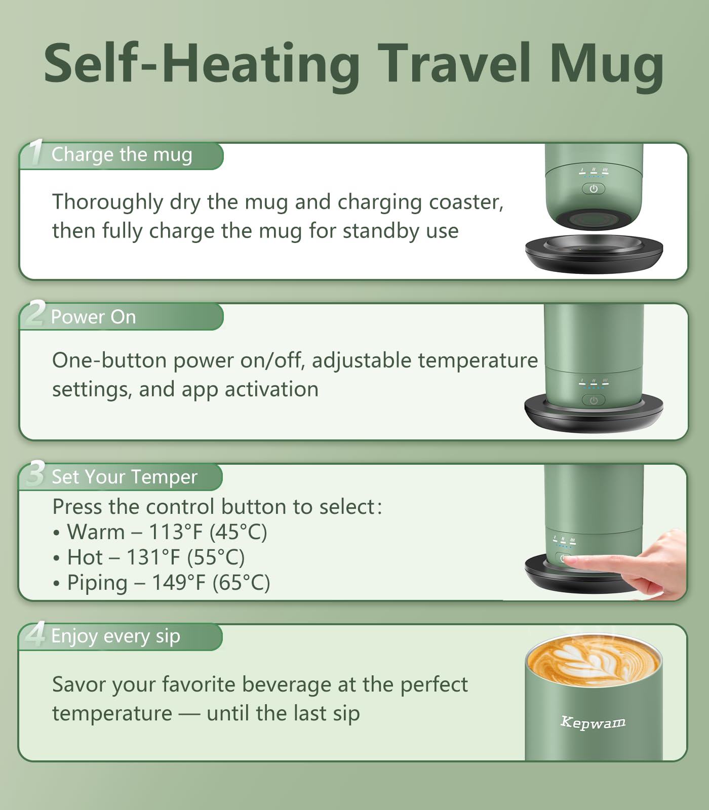 Kepwam mug with Bluetooth app control for real-time temperature adjustments
