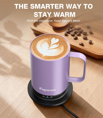 Charging base and coaster shown for convenient all-day warmth.