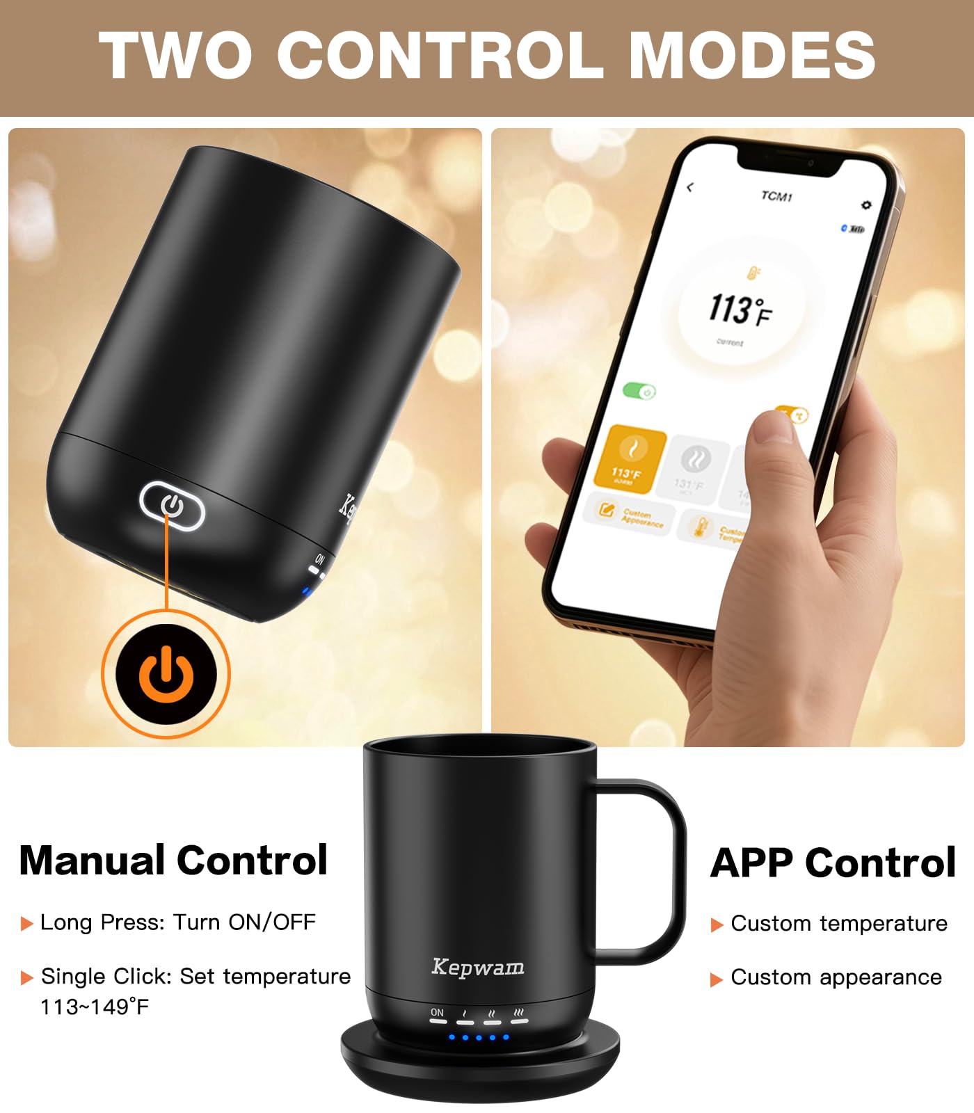 Kepwam heated mug app control screen for precise temperature settings