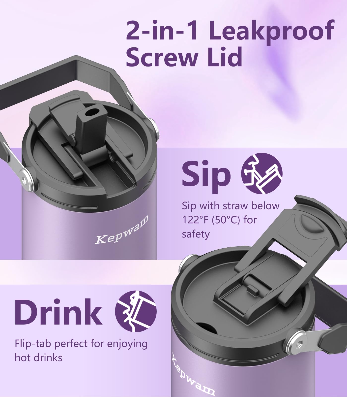 Kepwam leakproof screw lid prevents spills during commutes and adventures.