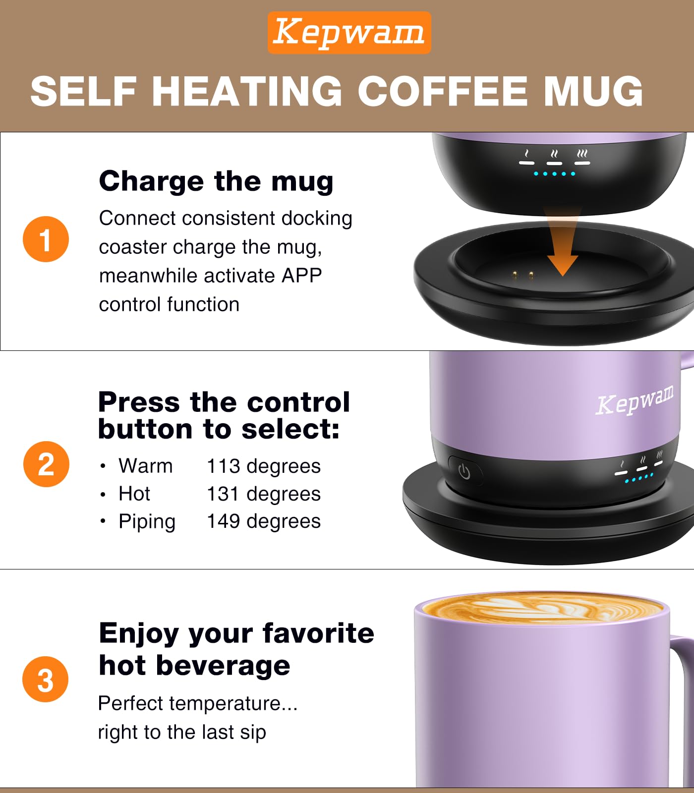 Kepwam mug with digital controls highlighting degree-by-degree temperature options.