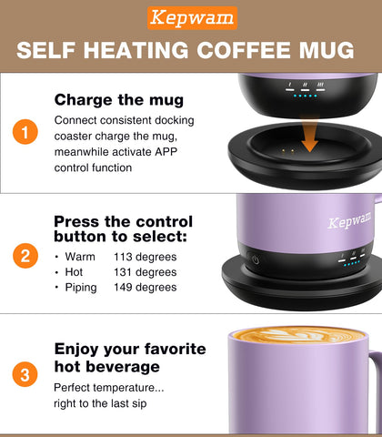 Kepwam mug with digital controls highlighting degree-by-degree temperature options.