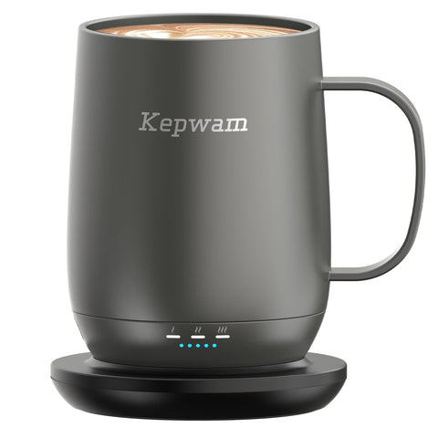Kepwam T2 self-heating mug showing 3 temperature settings for hot beverages