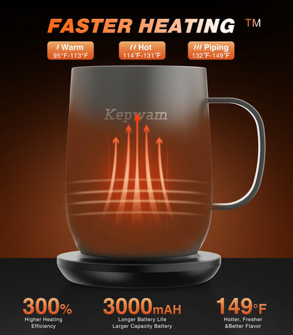 Kepwam T2 battery life display indicating extended warmth for hours