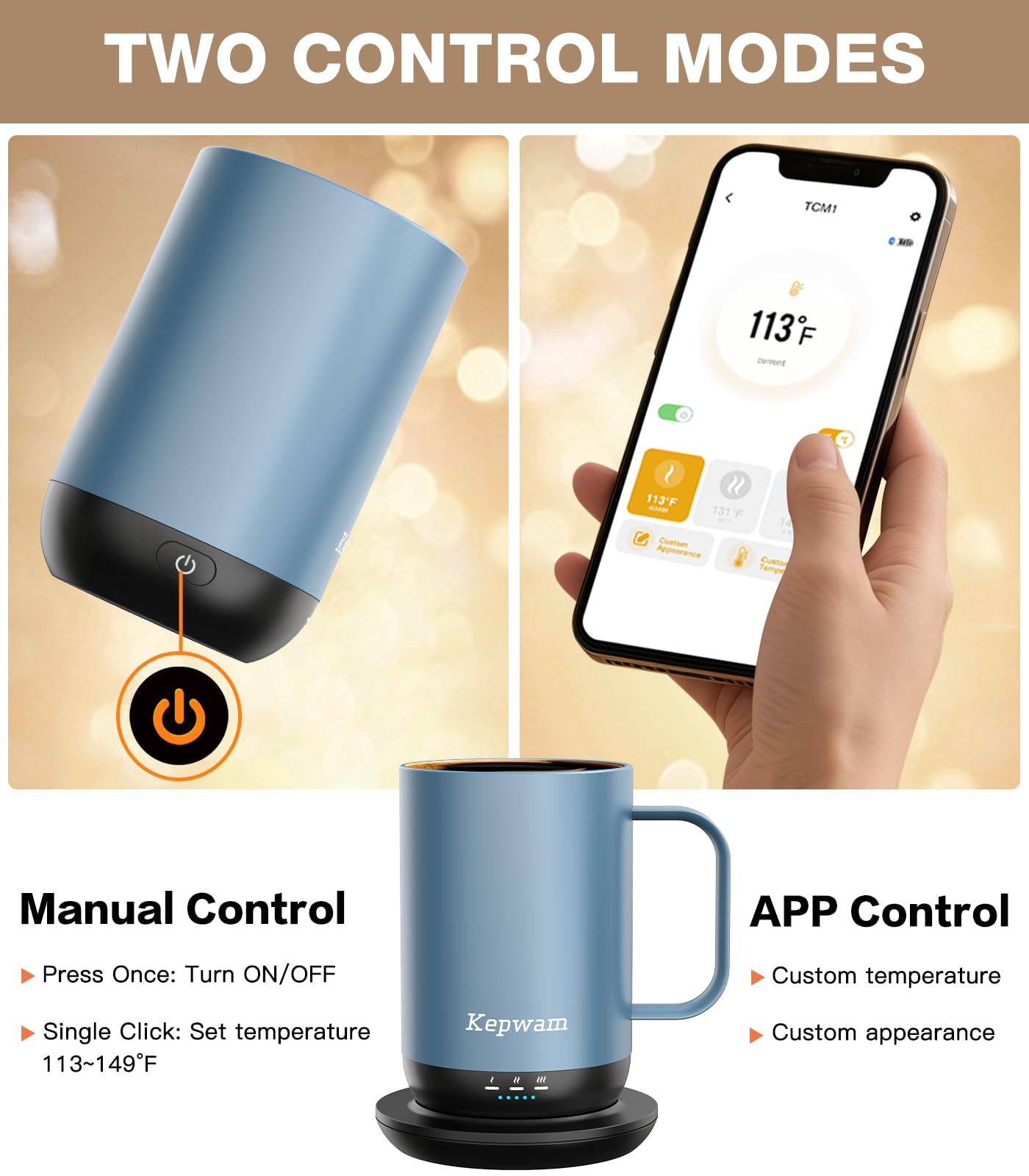 Kepwam app control screen displaying precise warmth levels