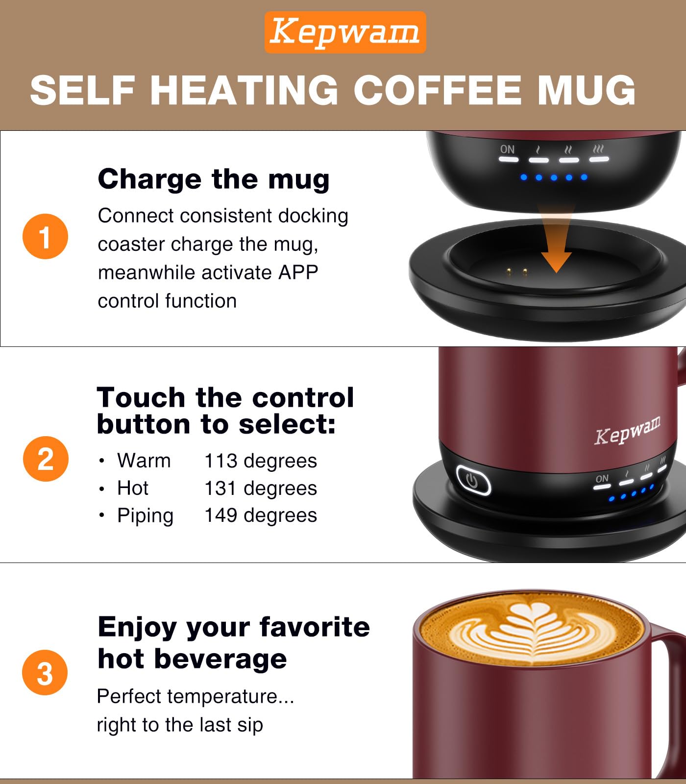 Kepwam self-heating mug app control lets you set temperature precisely from smartphone.