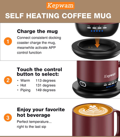 Kepwam self-heating mug app control lets you set temperature precisely from smartphone.