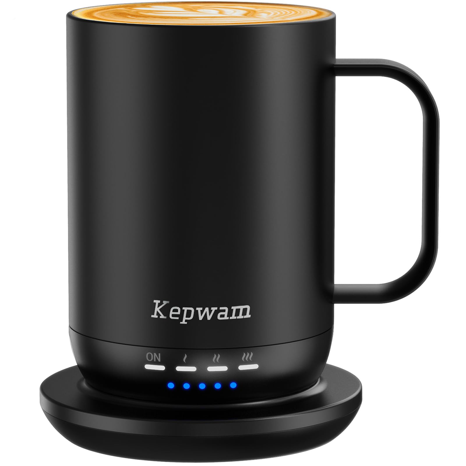 Kepwam self-heating mug showing heat settings for precise temperature control.