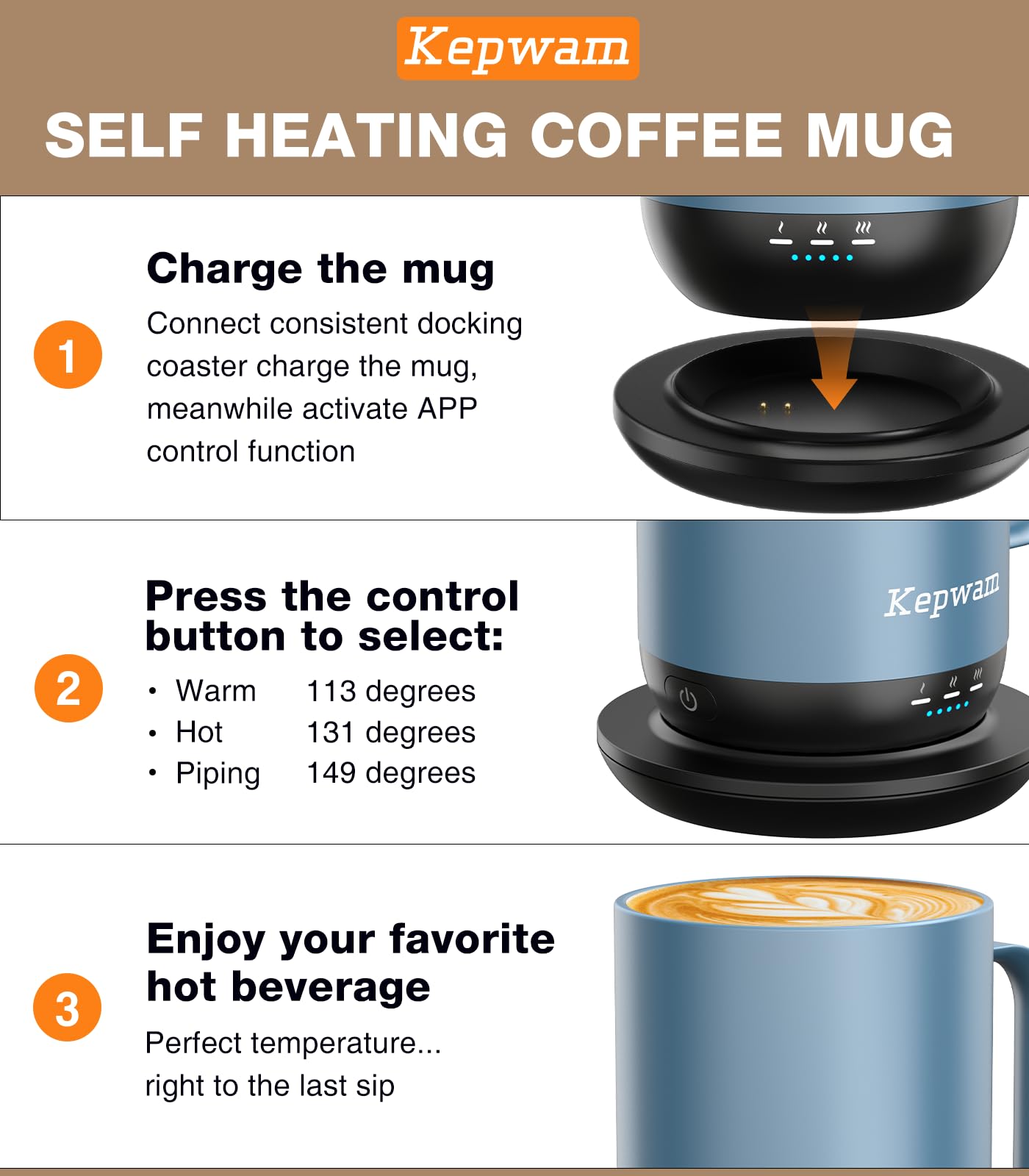 Kepwam heat settings graphic showing adjustable temperature