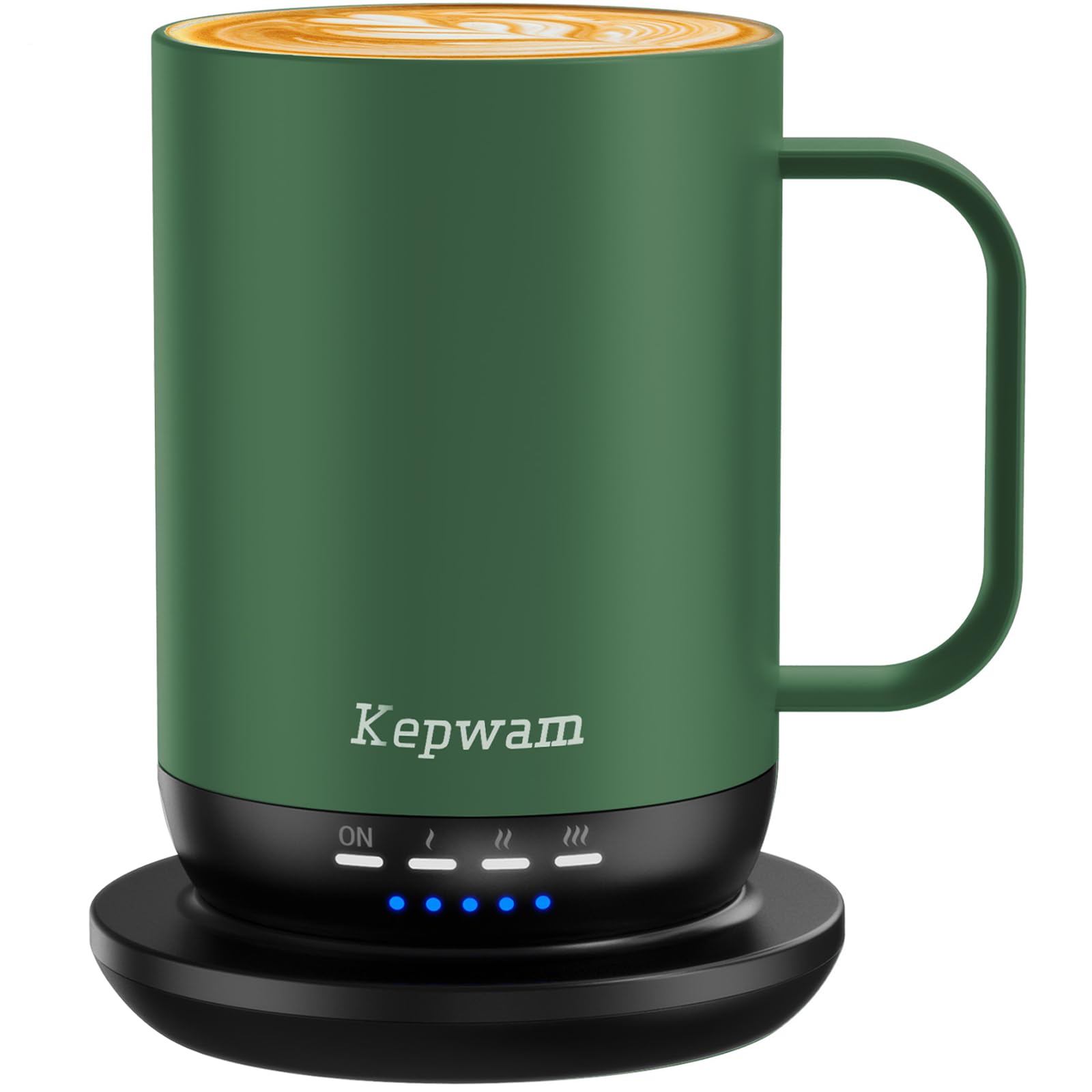 Kepwam self-heating mug showing heat settings for personalized sipping temperature.