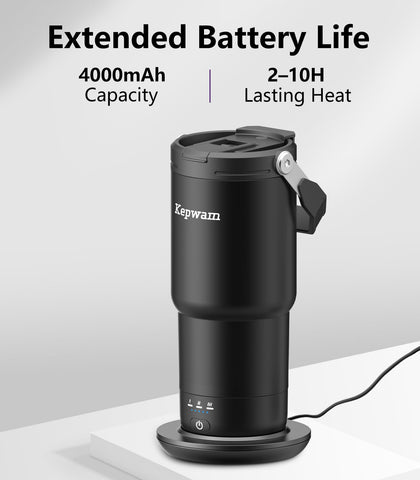 Kepwam self-heating mug in use, fits car cup holder for convenient sipping.