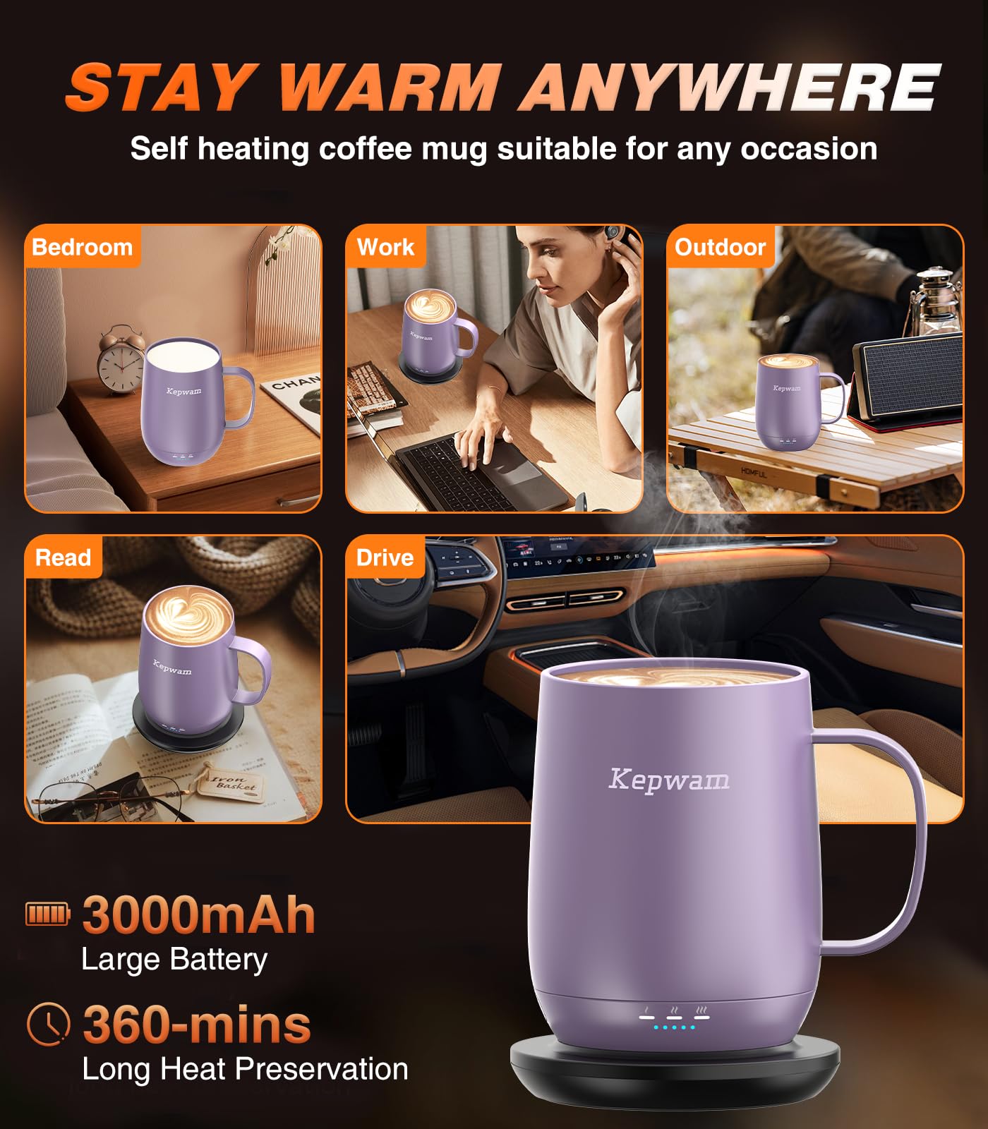 Kepwam Self-Heating Mug T2 battery and smart display at a glance