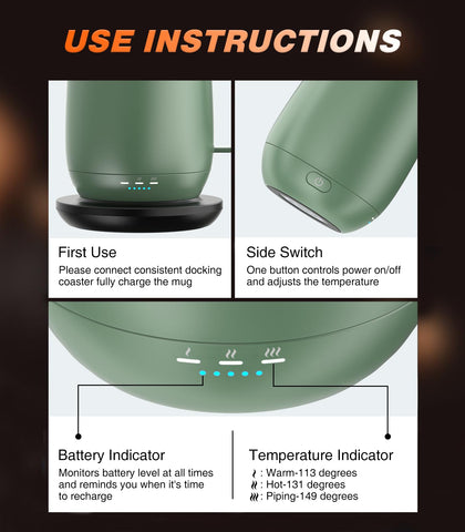 Kepwam Self-Heating Mug T2 battery indicator displays charge status for on-the-go