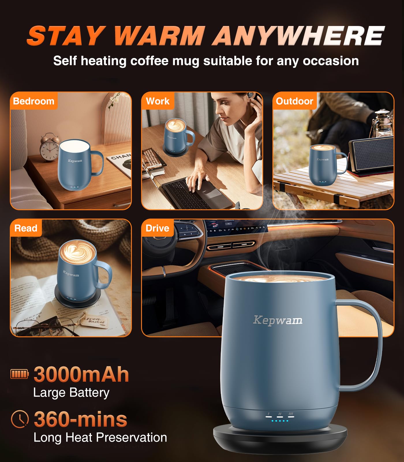 Kepwam T2 on charging coaster, emphasizing long battery life.