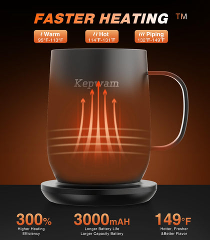 Kepwam mug display lit shows temperature and battery status at a glance.