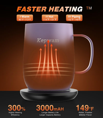 Kepwam Self-Heating Mug T2 lid close-up highlights spill-safe sliding lid