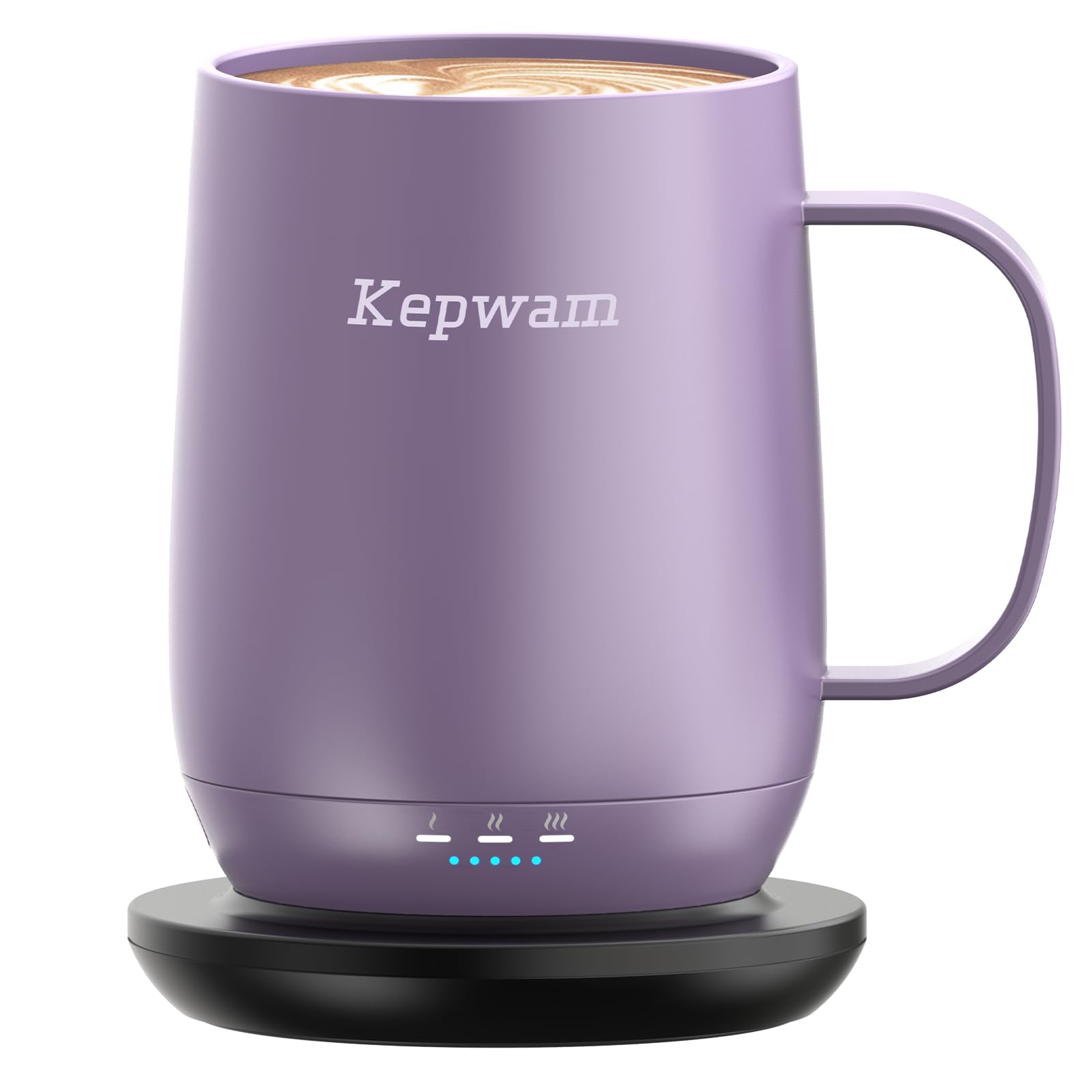 Kepwam Self-Heating Mug T2 side view shows 16 oz capacity and warm beverage