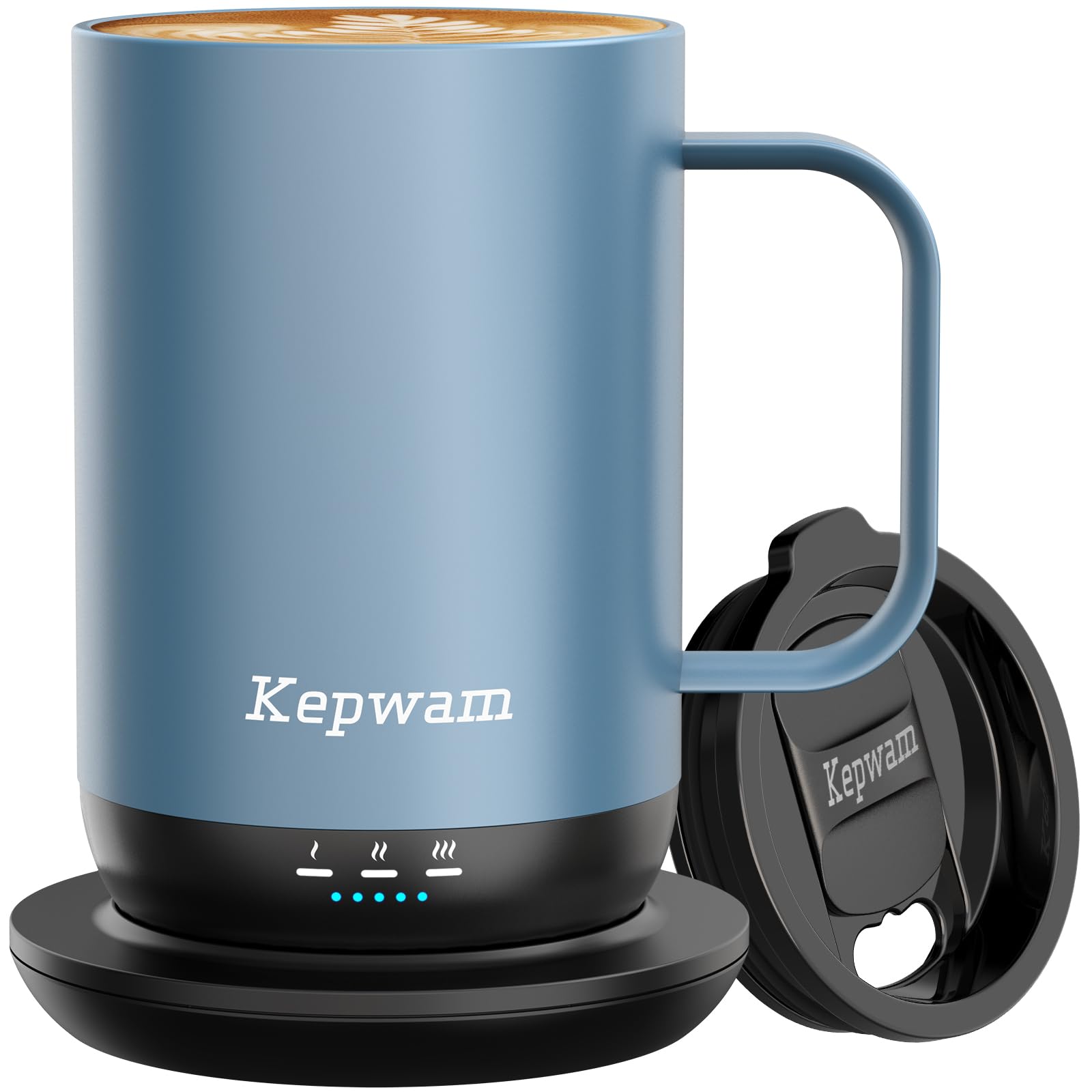 Kepwam self-heating mug, top view with warm glow and premium finish