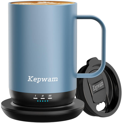 Kepwam self-heating mug, top view with warm glow and premium finish